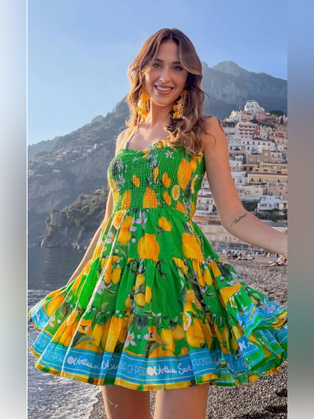 Antica Sartoria Lemon-Print Mini Dress in Bright Green